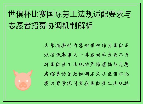 世俱杯比赛国际劳工法规适配要求与志愿者招募协调机制解析
