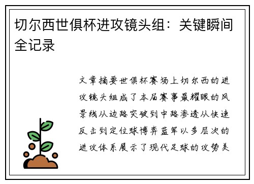 切尔西世俱杯进攻镜头组：关键瞬间全记录