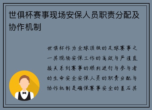 世俱杯赛事现场安保人员职责分配及协作机制